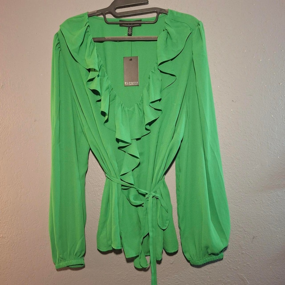 Green ruffle blouse with tie waist